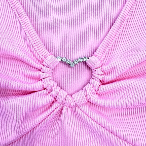 Pink Ribbed Ruched Rhinestone Crop Top Size M Y2K Coquette - Picture 2 of 4